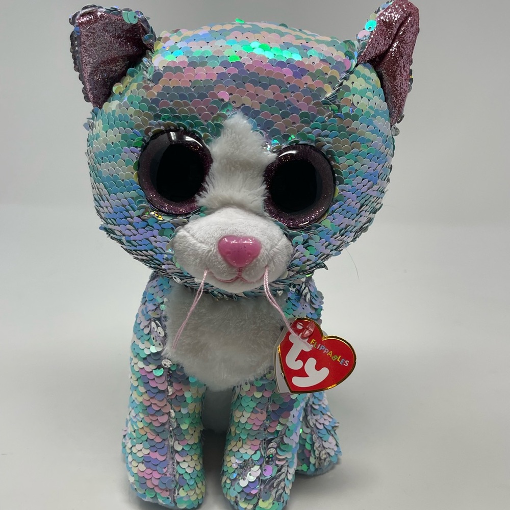 TY: 'Whimsy' the Cat Plush/Stuffed Animal Flippable Sequins. 10" Glitter Eyes.